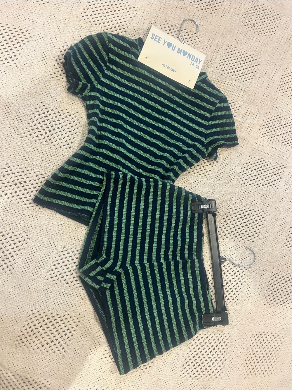See You Monday Green and Navy Striped Shorts Set